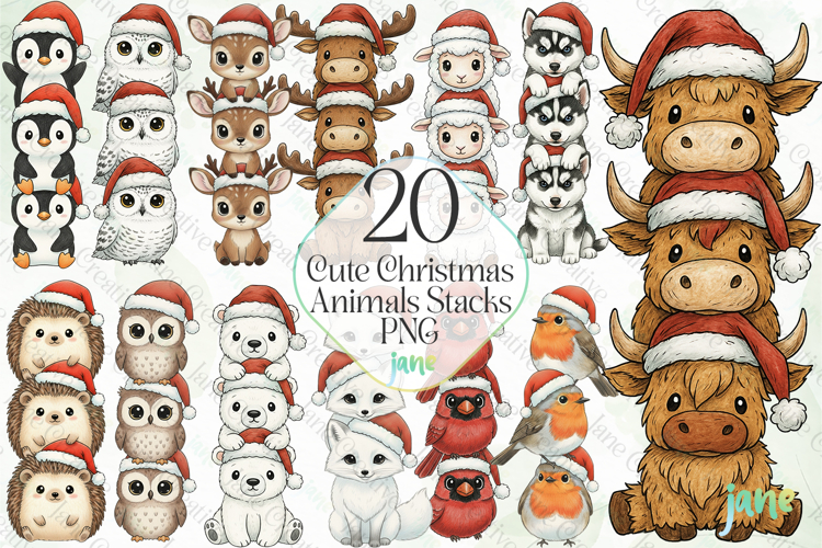 Cute Christmas Animals Stacks PNG Bundle