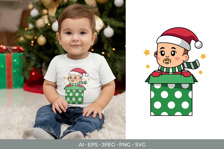 Cute Christmas Baby Pop Up from Giftbox Illustration