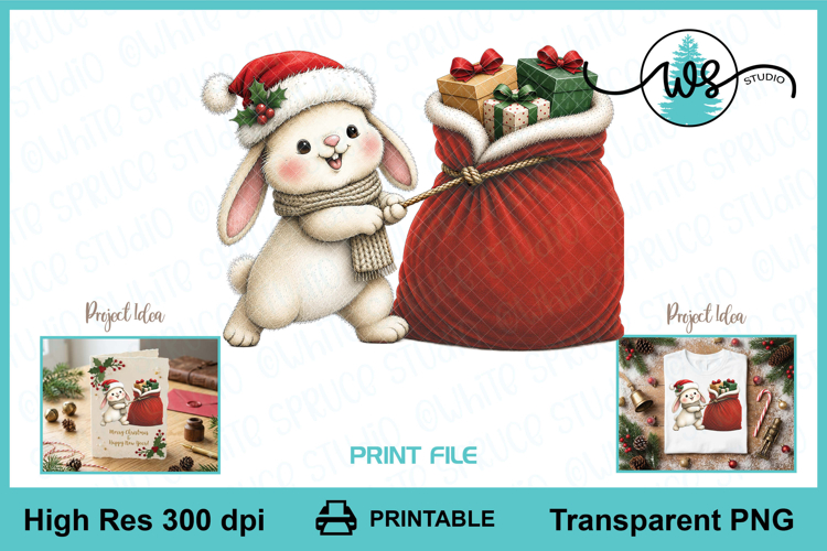 Cute Christmas Bunny and Santa Sack PNG Printable Clipart