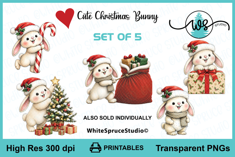 Cute Christmas Bunny PNG Printable Clipart Set of 5