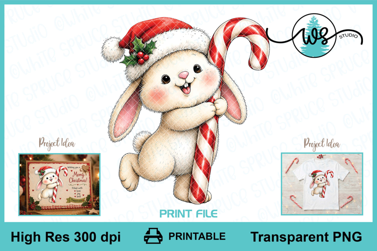 Cute Christmas Bunny with Candy Cane PNG Printable Clipart