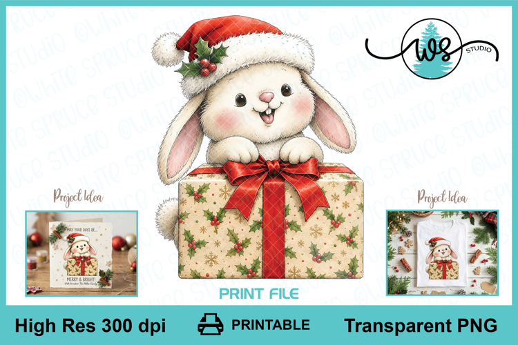 Cute Christmas Bunny Wrapping Gift PNG Printable Clipart