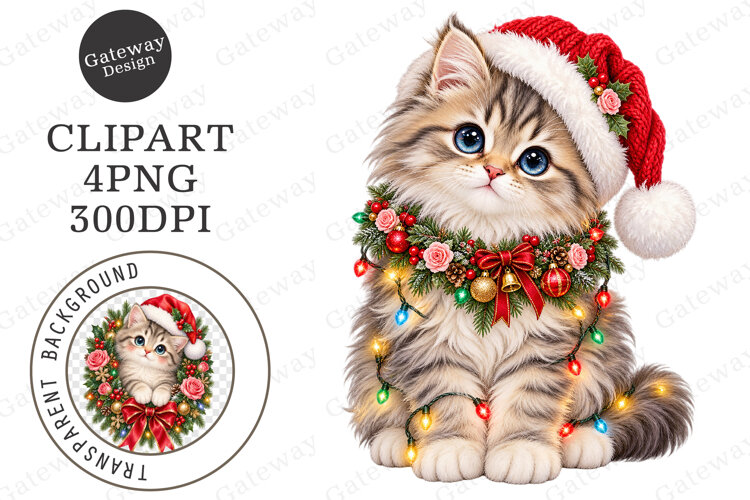 Cute Christmas Cat Clipart PNG example image 1