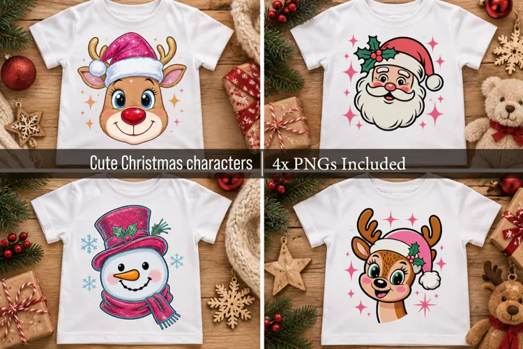 4x Cute Christmas Characters for Kids Shirts PNG
