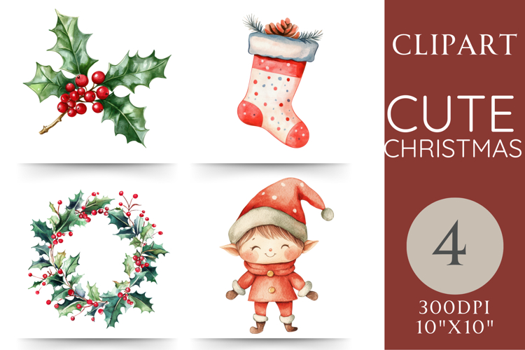 Cute Christmas Clipart | Elf, Holly, Wreath & Stocking PNGs