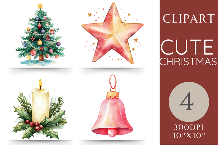 Cute Christmas Clipart | Tree, Star, Candle, Bell PNG