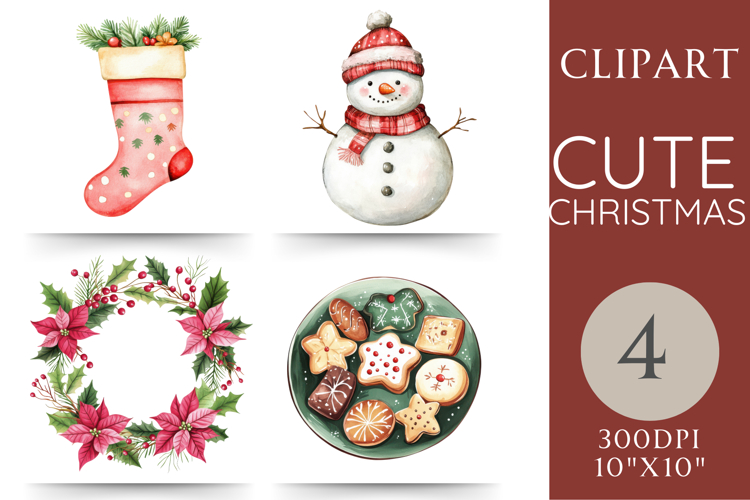 Cute Christmas Clipart | Snowman, Stocking, Wreath & Cookies