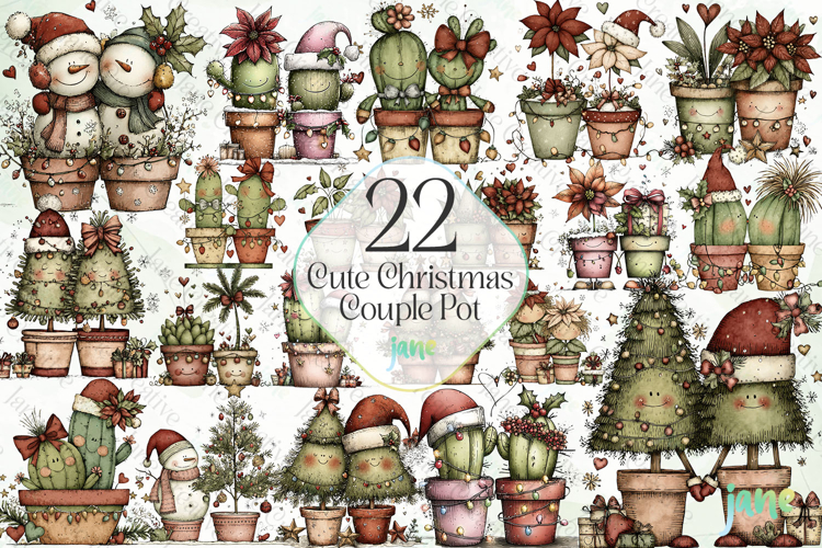 Cute Christmas Couple Pot Clipart Bundle