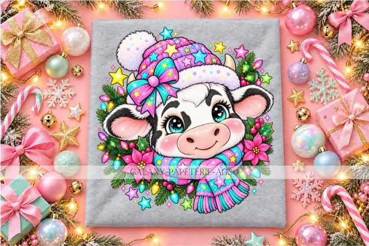 Cute Christmas Cow PNG with Pink Hat, Scarf and Lights
