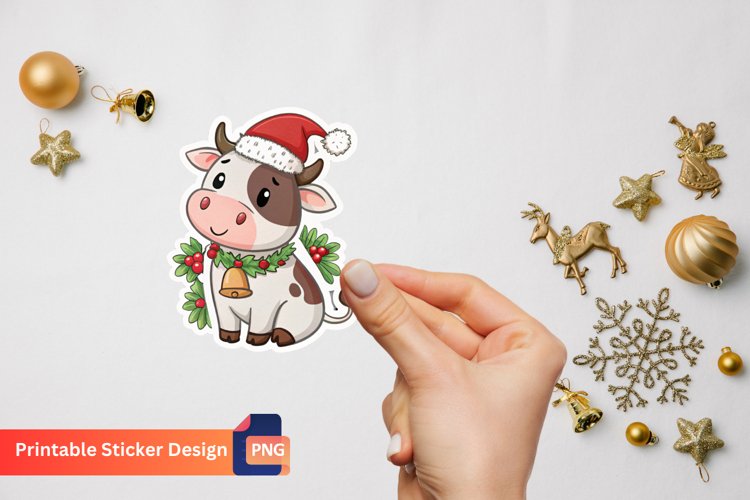 Cute Christmas Cow Sticker, Adorable Christmas Animal Art example image 1