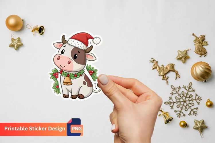 Cute Christmas Cow Sticker, Adorable Christmas Animal Art