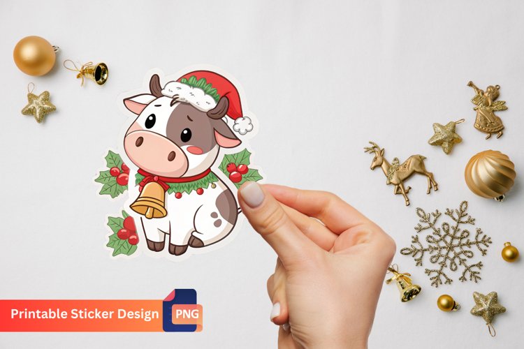 Cute Christmas Cow Sticker, Adorable Christmas Cow Decal example image 1