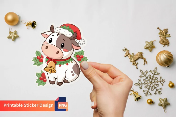 Cute Christmas Cow Sticker, Adorable Christmas Cow Decal