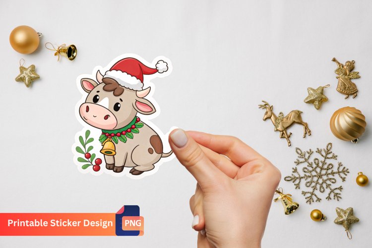 Cute Christmas Cow Sticker, Adorable Christmas Cow Decal example image 1