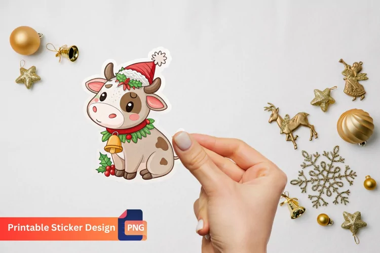 Cute Christmas Cow Sticker, Adorable Christmas Animal Art