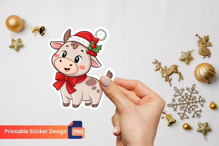 Cute Christmas Cow Sticker, Adorable Christmas Cow Decal