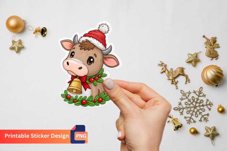 Cute Christmas Cow Sticker, Adorable Christmas Animal Art example image 1