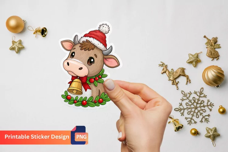 Cute Christmas Cow Sticker, Adorable Christmas Animal Art