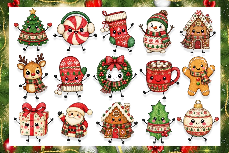 Cute Christmas Doodle Clipart PNG Bundle Printable Designs