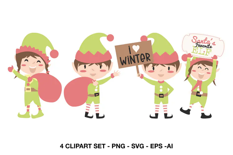 Cute Christmas Elf Clipart with Festive Holiday Characters