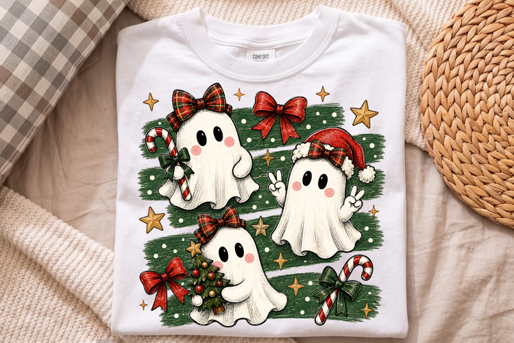 Cute Christmas Ghost Holiday Plaid Bow PNG, Holiday