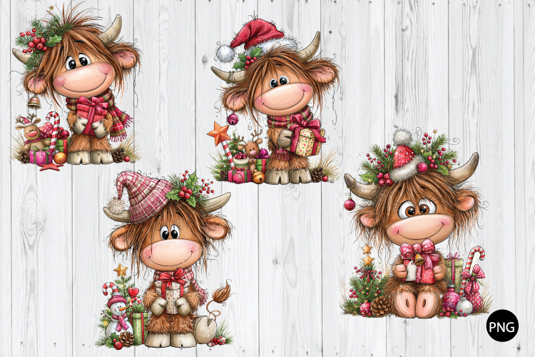 Whimsical Christmas Highland Cow PNG, Christmas PNG
