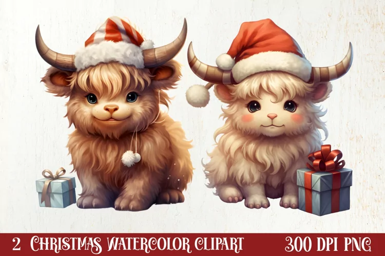 Cute Christmas Highland Cow Clipart, Christmas PNG