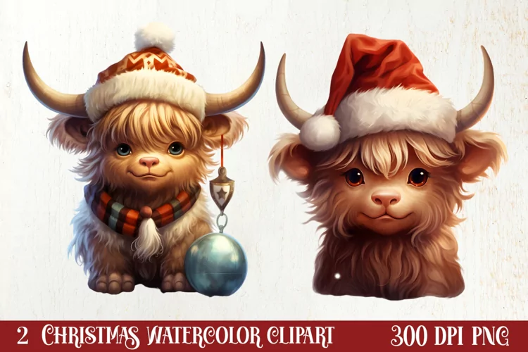 Cute Christmas Highland Cow Clipart, Christmas PNG