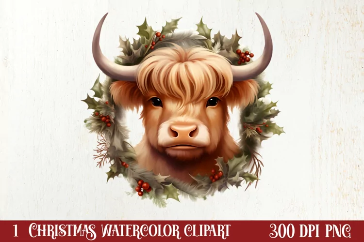 Cute Christmas Highland Cow Clipart, Christmas PNG