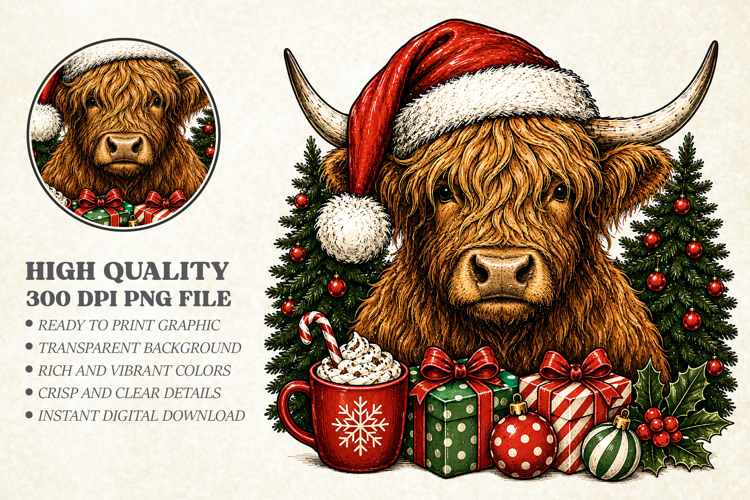 Cute Christmas Highland Cow Santa Hat PNG, Festive Holiday