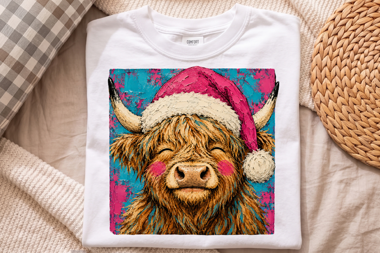 Cute Christmas Highland Cow Santa Hat PNG, Sublimation