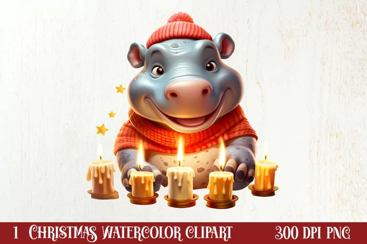 Cute Christmas Hippo Sublimation Clipart, Christmas Clipart