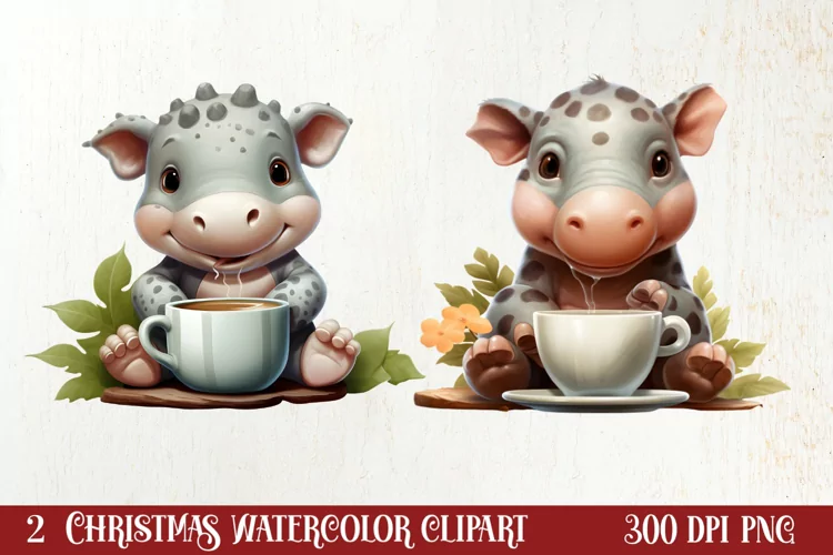 Cute Christmas Hippo Sublimation Clipart, Christmas Clipart