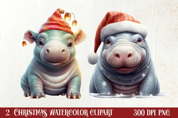 Cute Christmas Hippo Sublimation Clipart, Christmas Clipart
