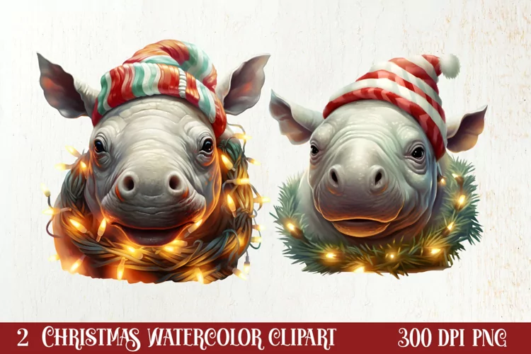 Cute Christmas Hippo Sublimation Clipart, Christmas Clipart