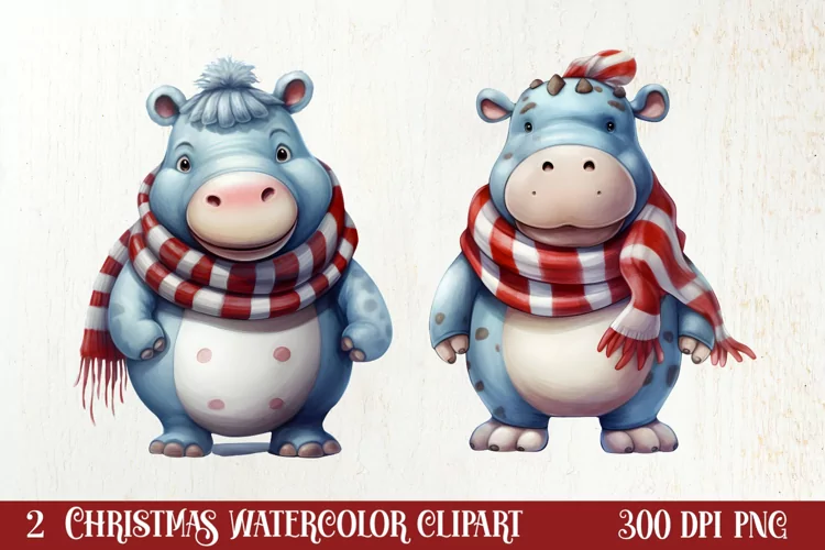 Cute Christmas Hippo Sublimation Clipart, Christmas Clipart