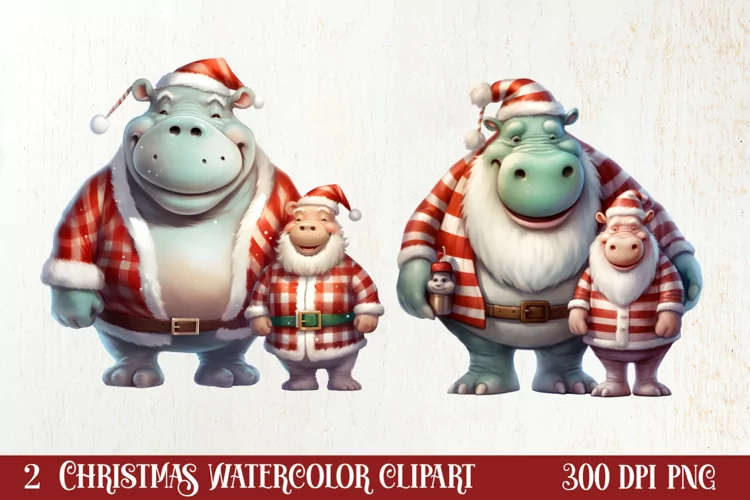 Cute Christmas Hippo Sublimation Clipart, Christmas Clipart