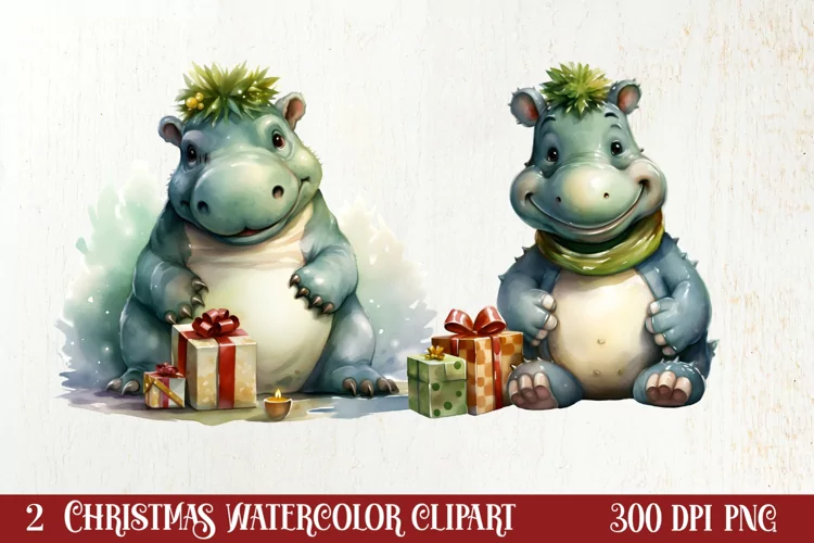 Cute Christmas Hippo Sublimation Clipart, Christmas Clipart