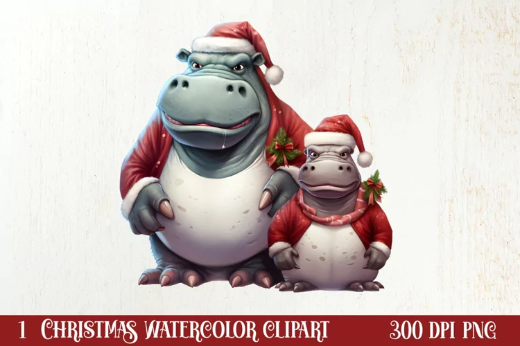 Cute Christmas Hippo Sublimation Clipart, Christmas Clipart