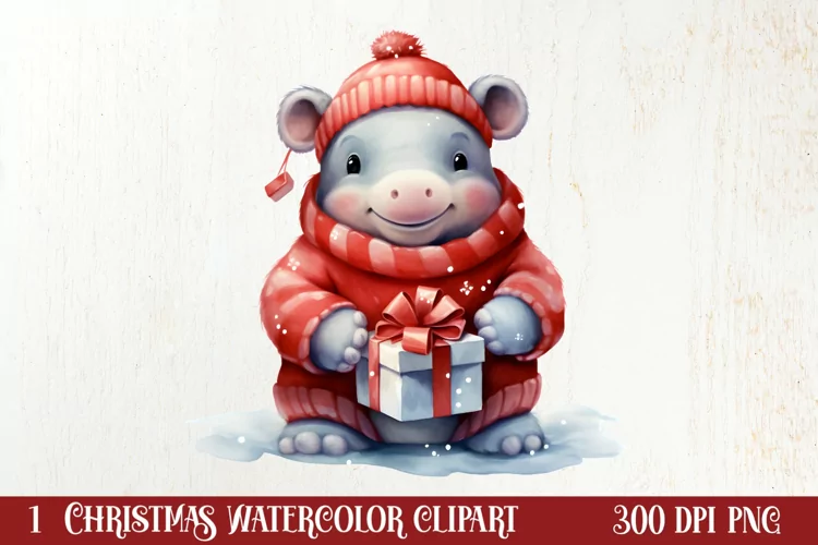 Cute Christmas Hippo Sublimation Clipart, Christmas Clipart