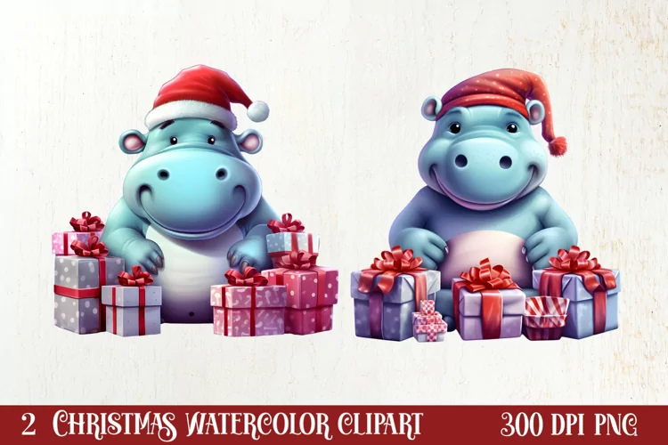Cute Christmas Hippo Sublimation Clipart, Christmas Clipart