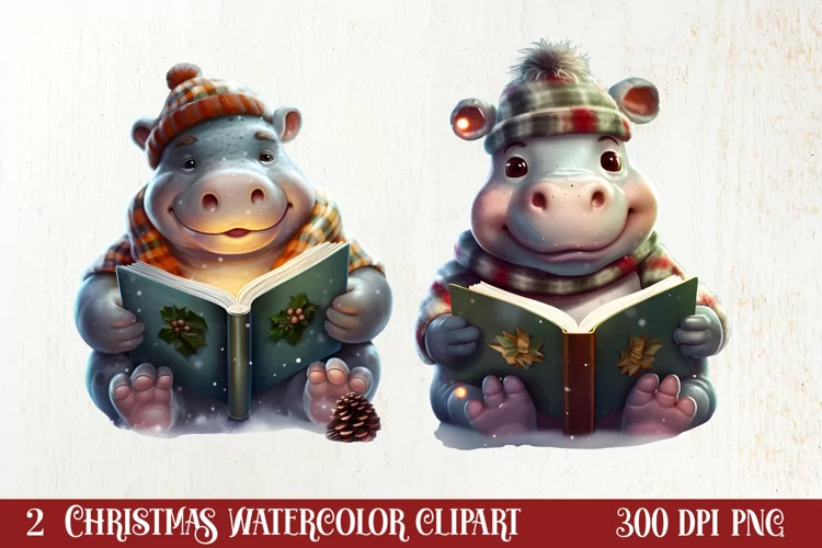 Cute Christmas Hippo Sublimation Clipart, Christmas Clipart