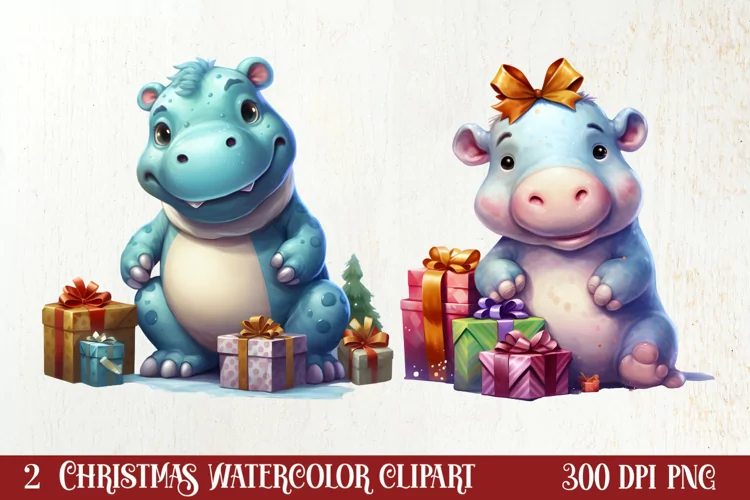 Cute Christmas Hippo Sublimation Clipart, Christmas Clipart