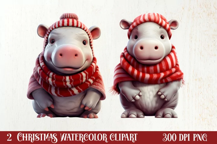 Cute Christmas Hippo Sublimation Clipart, Christmas Clipart