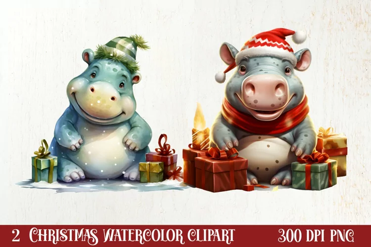 Cute Christmas Hippo Sublimation Clipart, Christmas Clipart