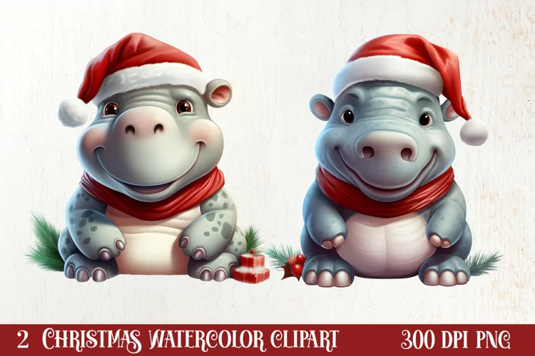 Cute Christmas Hippo Sublimation Clipart, Christmas Clipart