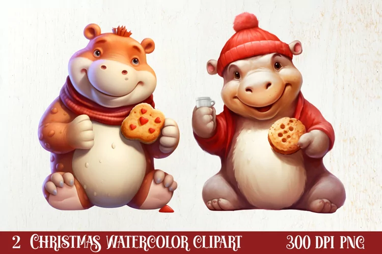 Cute Christmas Hippo Sublimation Clipart, Christmas Clipart