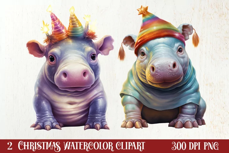 Cute Christmas Hippo Sublimation Clipart, Christmas Clipart