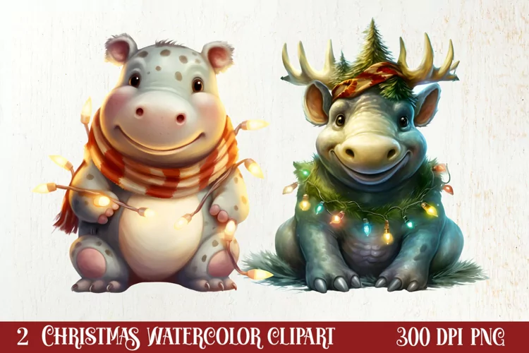 Cute Christmas Hippo Sublimation Clipart, Christmas Clipart