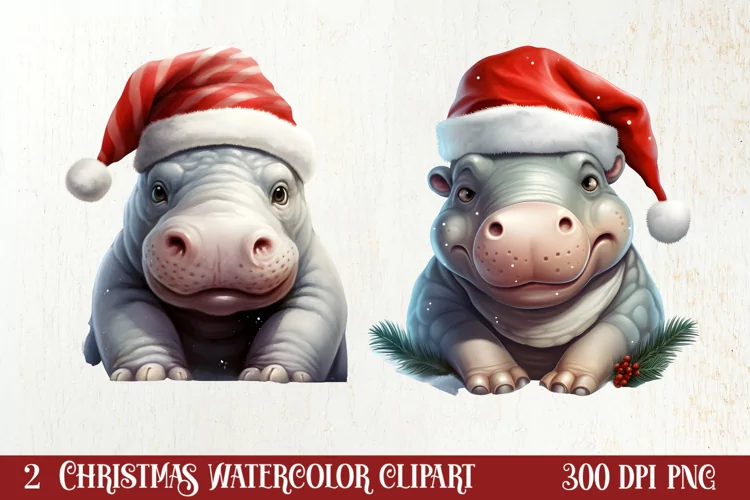 Cute Christmas Hippo Sublimation Clipart, Christmas Clipart